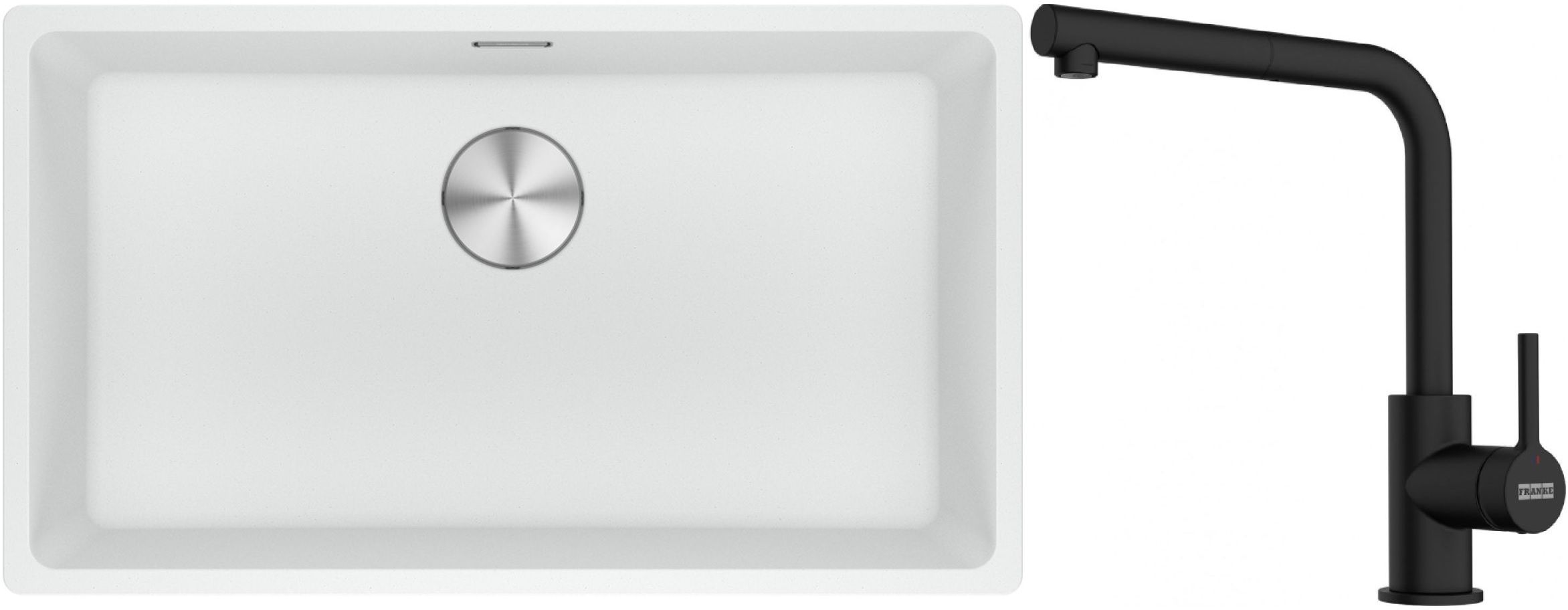 Franke Maris MRG 110-72 zlewozmywak 72x40 cm Fragranite biały polarny z baterią kuchenną Lina czarny mat (1250687263, 1150712435)