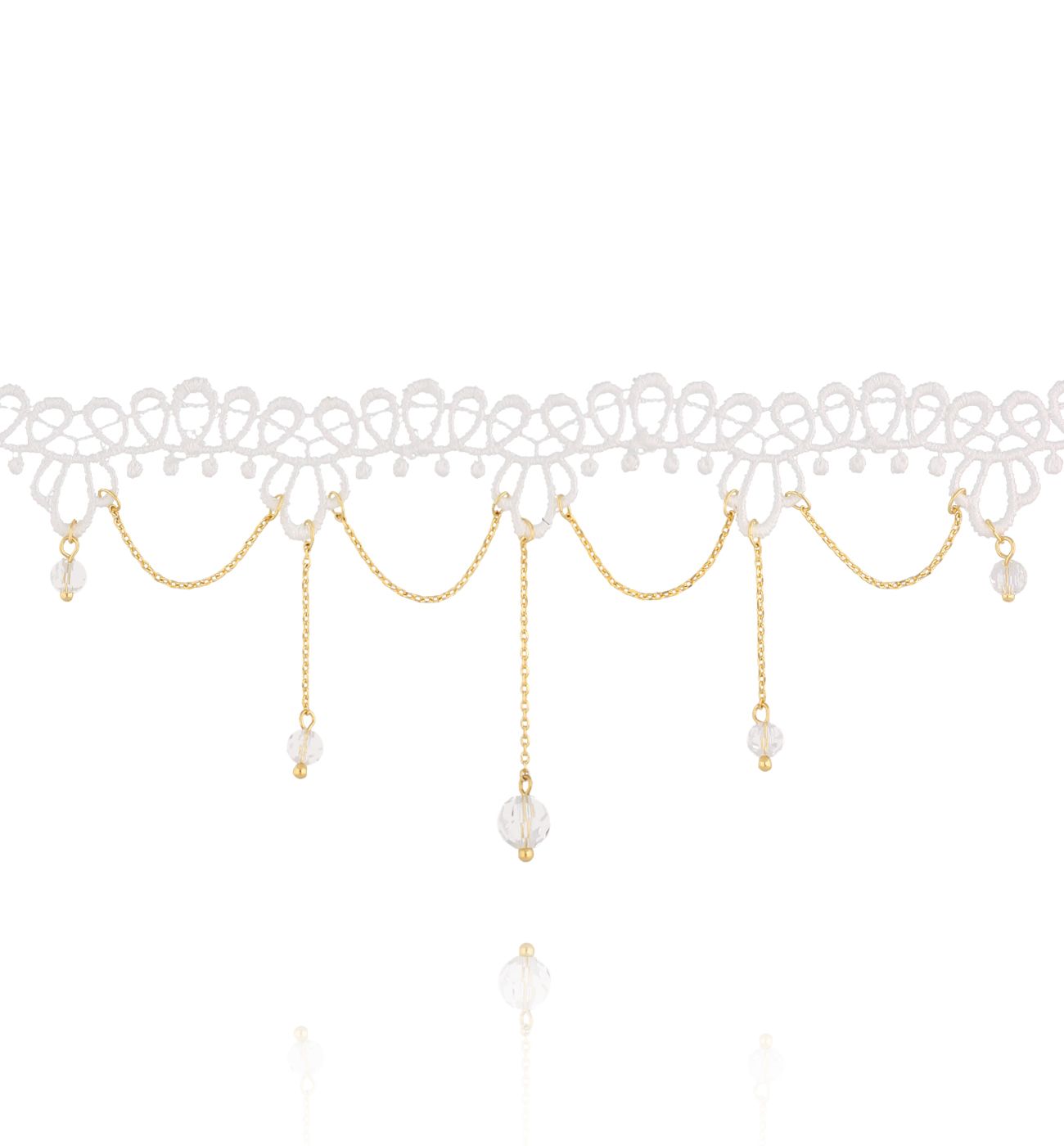 Choker z białej koronki z delikatnymi łańcuszkami i kryształkami NLU0045 - By Dziubeka