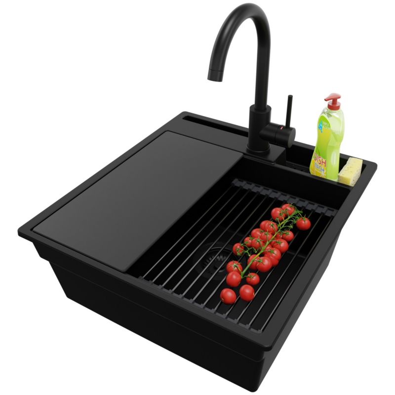 Zlewozmywak Granitowy Oslo Pocket PRIMAGRAN Nablatowy 48x53cm, Cały Czarny + Bateria + Syfon + Akcesorium, S178, 1 szt.