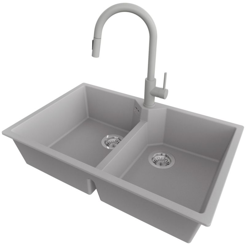 Zlewozmywak Granitowy Madryt Twin PRIMAGRAN Nablatowy 78x50cm do szafki od 80cm, Szary + Bateria 40x20cm + Syfon, S019, 1 szt.