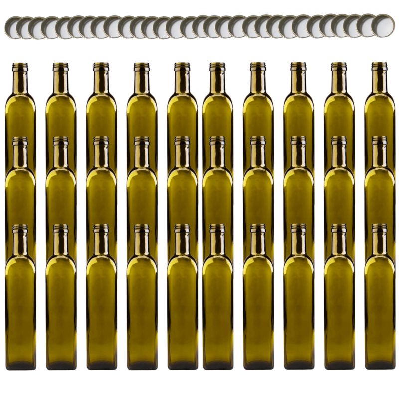 Butelki szklane MODO24 500 ml maraska kwadratowa zielona na olej i oliwę fi 31 z nakrętkami 30 szt.