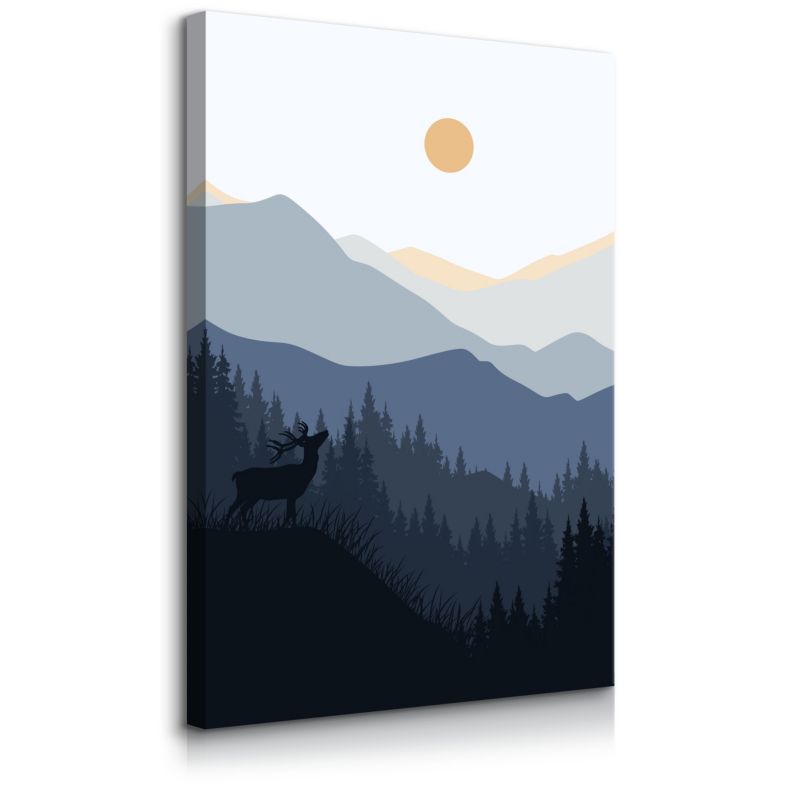 Obraz Muralo Na Płótnie Pejzaż Góry Jeleń Wschód Słońca Natura Styl Boho 70x100 cm 1 szt.