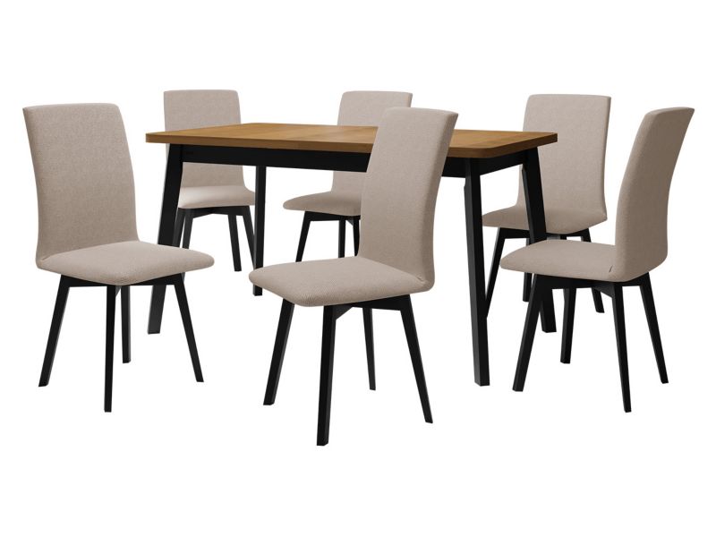 Zestaw DR24 MIRJAN 24 Stół rozkładany Oslo VI 80x140/180 + 6 krzeseł Luna 2 dąb grandson + czarny + beżowa tapicerka 1 kpl.