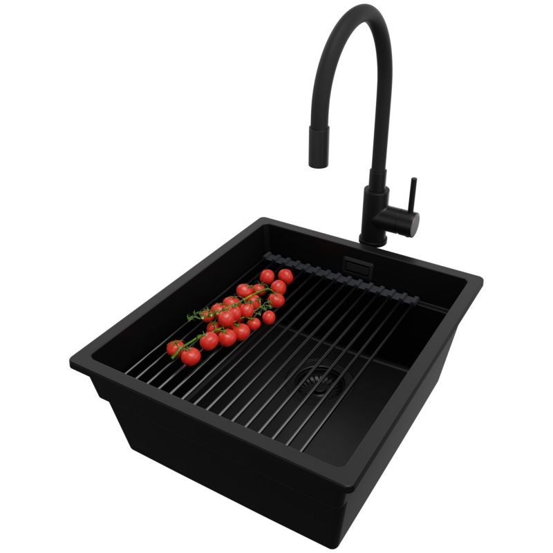 Zlewozmywak podblatowy Praga PRIMAGRAN 41x47cm do szafki od 45cm, Cały Czarny + Bateria + Syfon + Zwijany ociekacz, S140, 1 szt.