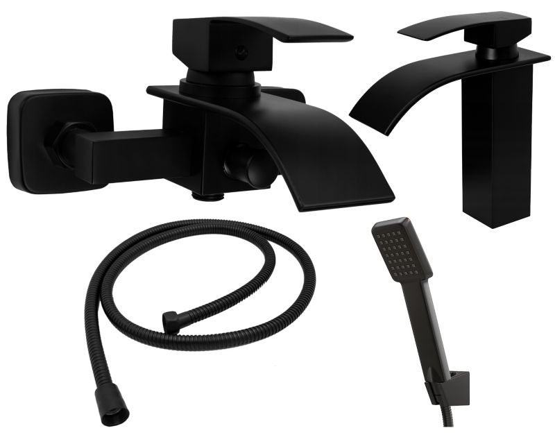 Bateria Wannowa + Umywalkowa Zestaw Natryskowy Granitan Elva Czarny Mat 1 kpl.