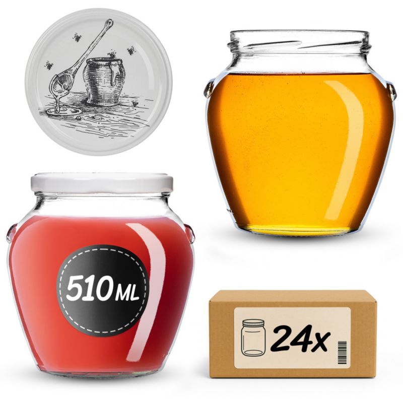 Słoiki KADAX na przetwory 510ml + wieczka "Pszczoła, Białe" 82 mm 24 szt.