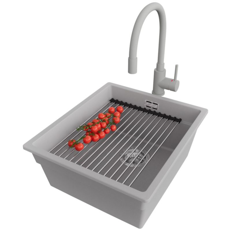 Zlewozmywak Granitowy Praga Slim PRIMAGRAN Nablatowy 41x47cm, Szary + Bateria + Syfon + Akcesorium, S136, 1 szt.