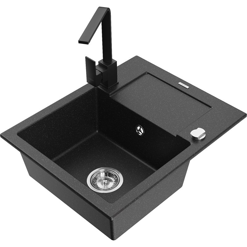 Zlewozmywak granitowy 1-komorowy Mexen Enzo z ociekaczem i baterią Rita czarny/srebrny metalik - 6506-73-670300-70-B 1 szt.