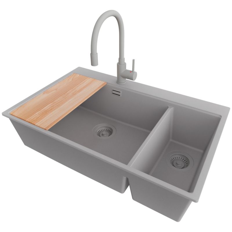 Zlewozmywak Granitowy Oslo Duo PRIMAGRAN Nablatowy 78x50cm do szafki od 80cm, Szary + Bateria + Syfon + Deska, S104, 1 szt.