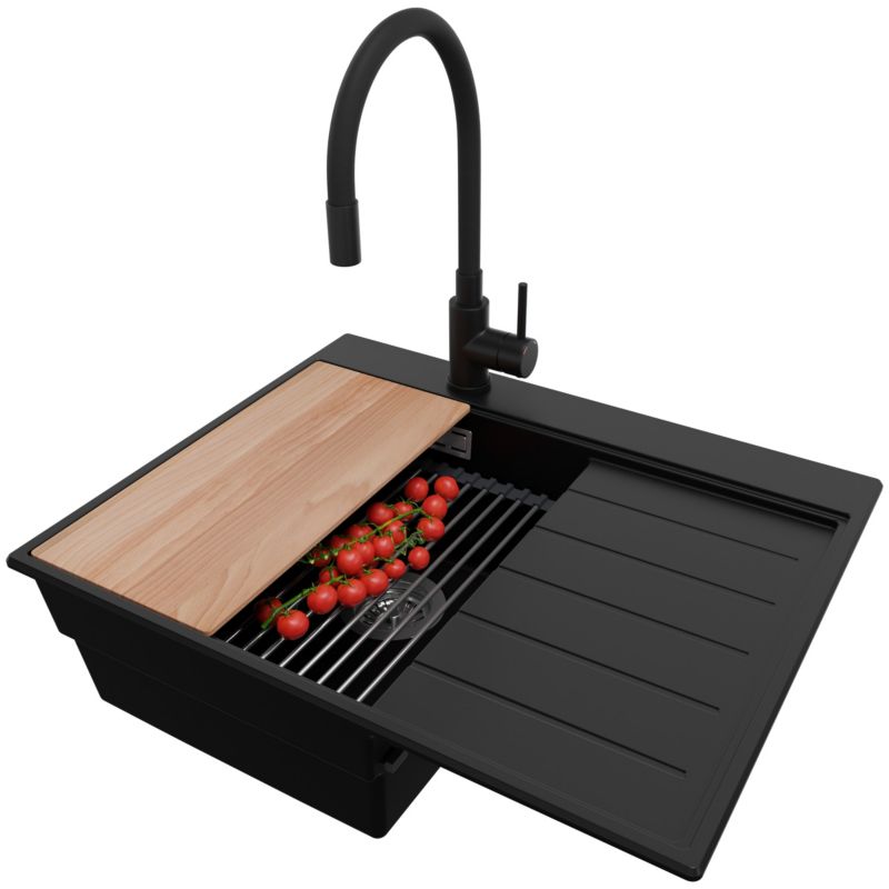 Zlewozmywak Granitowy Sydney PRIMAGRAN Nablatowy 62x50cm do szafki od 40cm, Czarny + Bateria + Syfon + Akcesoria, S086, 1 szt.