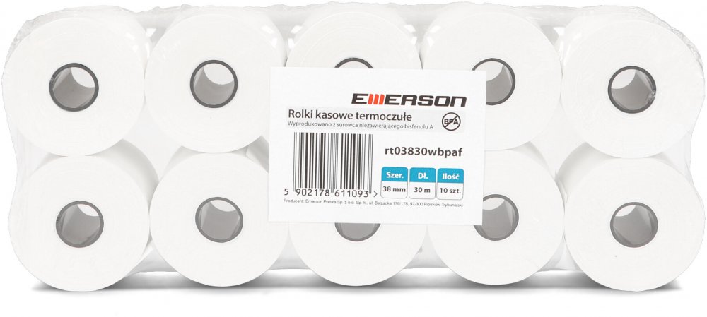 Rolka termiczna Emerson, 38mm x 30m, 50+/- 6g/m2, BPA Free, 10 sztuk, biały