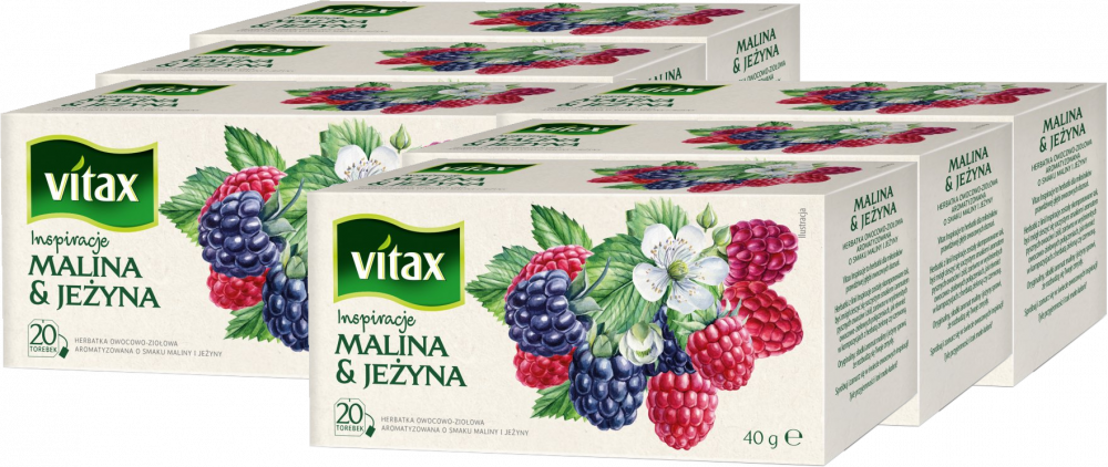 6x Herbata owocowa w torebkach Vitax Inspirations, malina i jeżyna, 20 sztuk x 2g