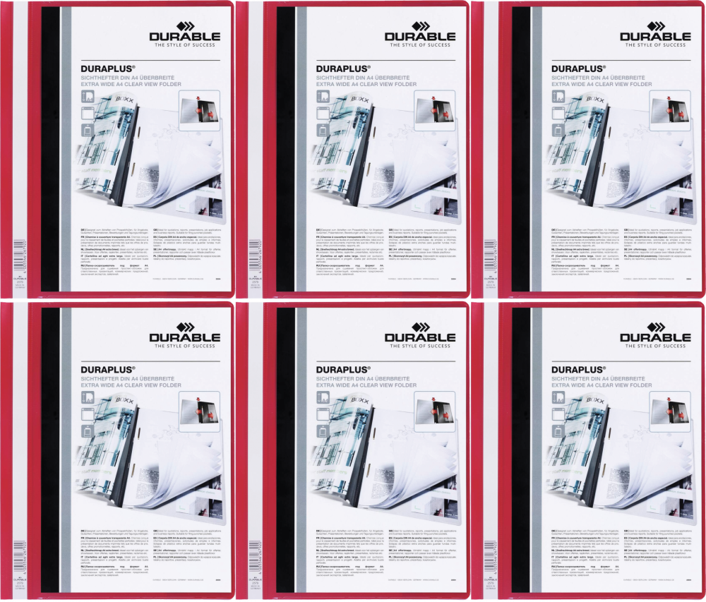 6x Skoroszyt plastikowy Duraplus Durable, A4, prezentacyjny, czerwony