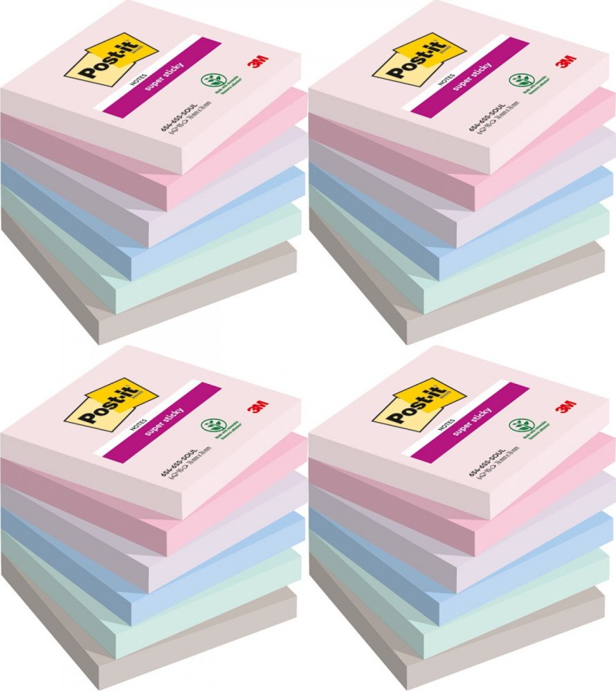 4x Karteczki samoprzylepne Post-it Super Sticky Soulful, 76x76mm, 6x90 karteczek, mix kolorów pastelowych