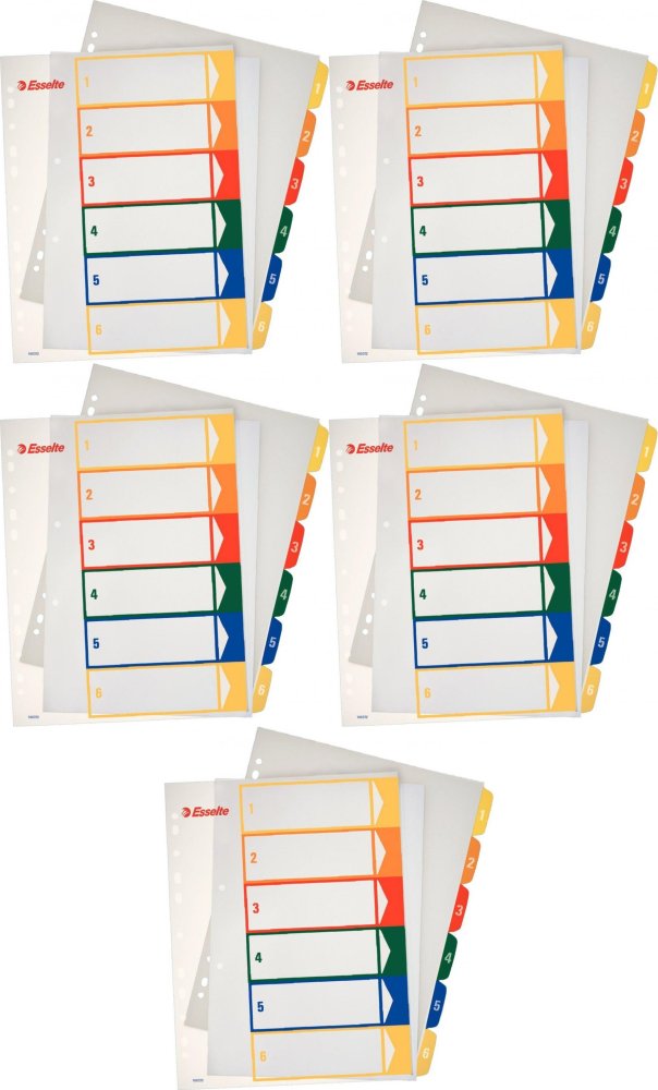 5x Przekładki do segregatora Esselte Maxi, plastikowe, numeryczne, A4+, 1-6 kart