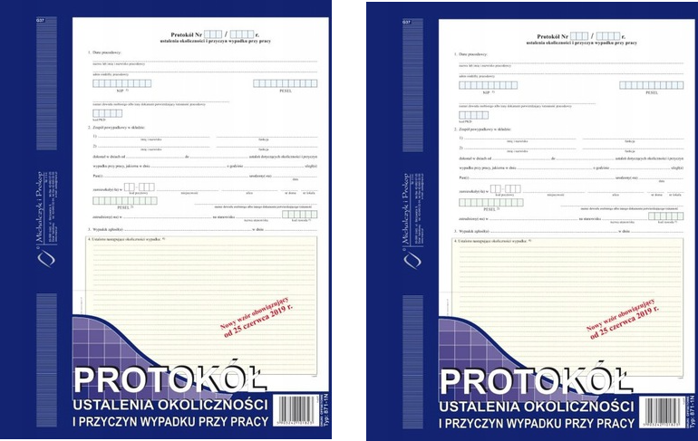 2x Druk akcydensowy Protokół ustalenia okoliczności i przyczyn wypadku przy pracy MiP 871-1N, A4, offsetowy, bloczek 8 kompletów