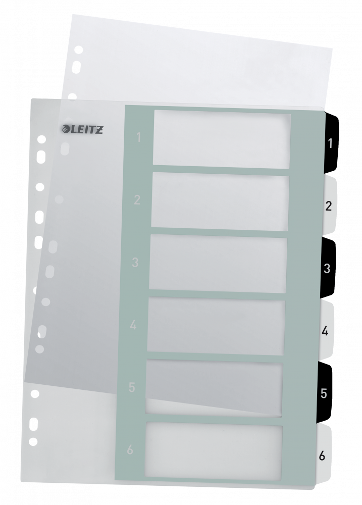 Przekładki do segregatora Leitz Wow, plastikowe, numeryczne, A4+, 1-6 kart, do zadruku, biało-czarny