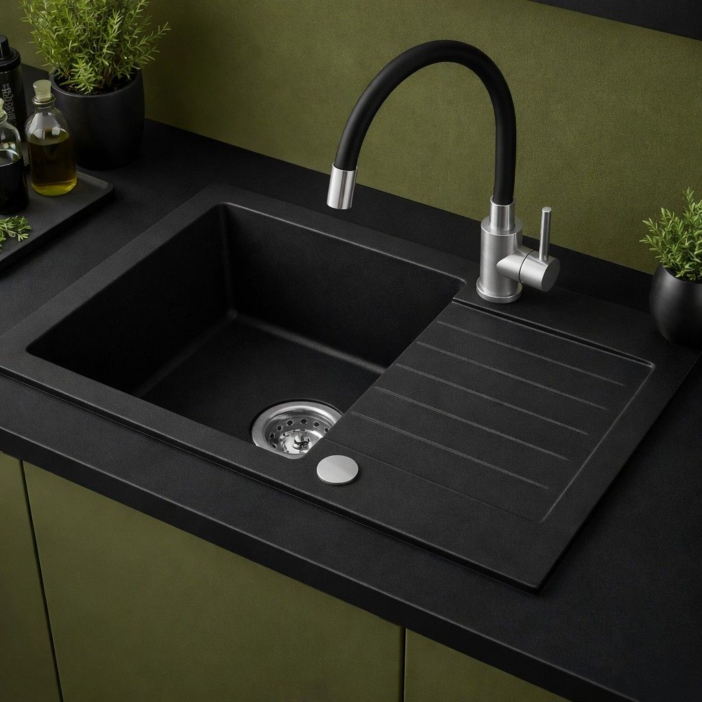 Ruvetti Pineko 140 zlewozmywak granitowy 68x44,2 cm czarny 3001PN_BC140_W