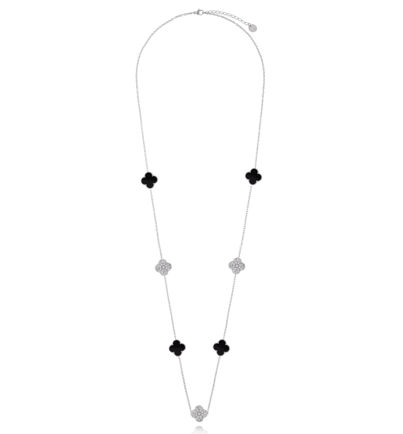 Naszyjnik z czarnymi i srebrnymi koniczynkami długi NSY0402