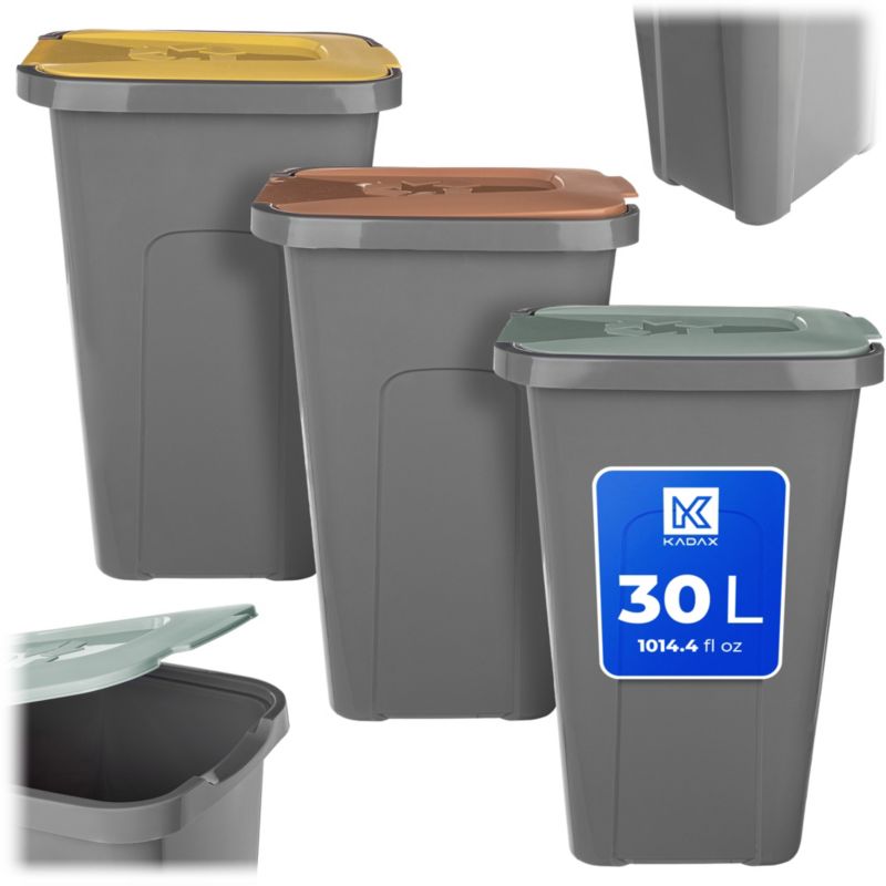 Kosze KADAX Na Śmieci Pojemnik Na Odpady 30L Do Segregacji Kubeł Śmietnik Szare 3 szt.