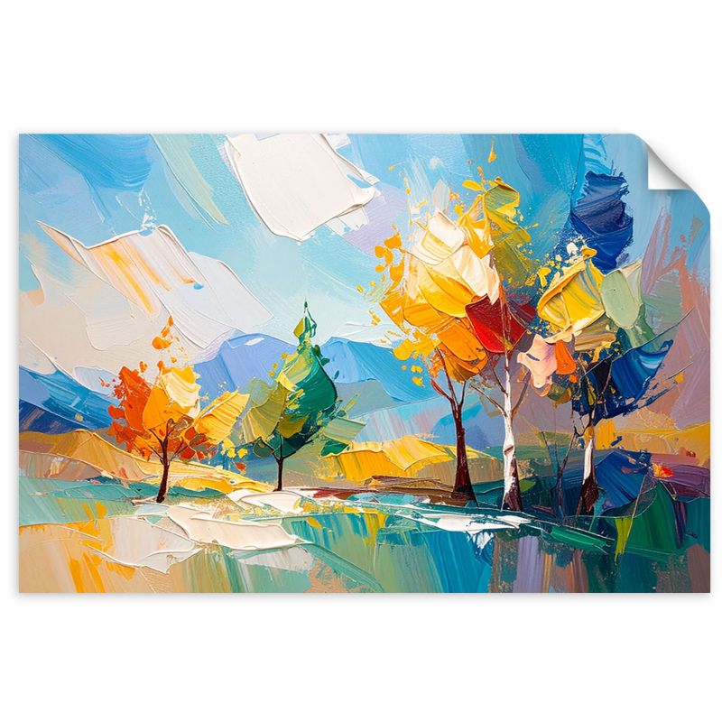 Naklejka na ścianę do salonu sypialni Feeby Kolorowy Pejzaż Drzewa Las imitacja farby olejnej 90x60cm 1szt