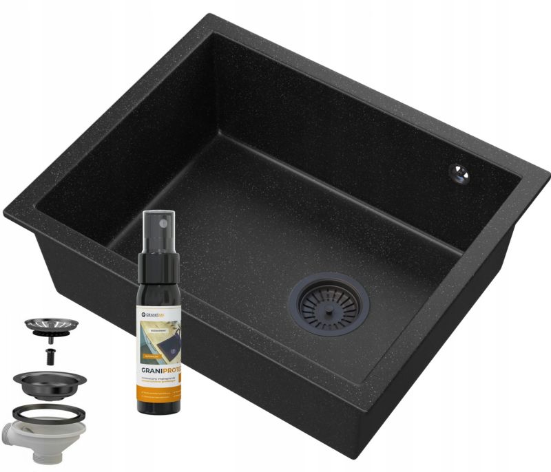 Zlew Granitowy Jednokomorowy Podblatowy Granitan Salix Czarny Syfon Czarny 1 kpl.