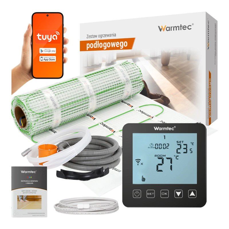 Mata grzewcza grzejna pod płytki Warmtec 9m² 100W/m² Wi-Fi zestaw czarny regulator DSE-90/PRT-01 1szt.