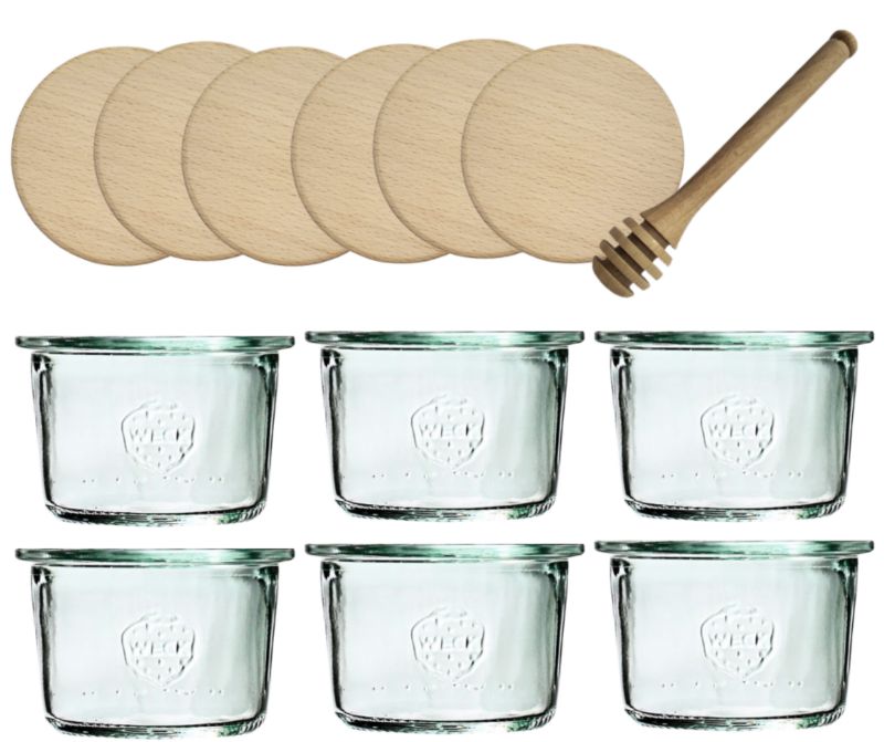 Słoiki MODO24 Weck 80 ml fi 60 mold z drewnianymi wiekami i nabierakami 6 kpl.