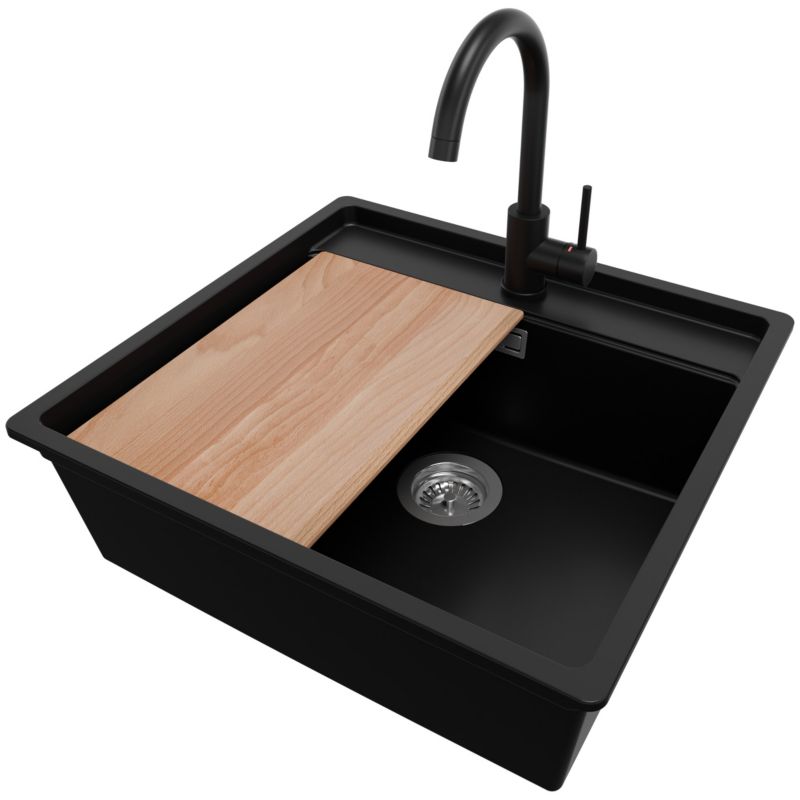 Zlewozmywak podblatowy Bergen PRIMAGRAN 56x53cm do szafki od 60cm, Czarny + Bateria 32x20cm + Syfon + Deska, S083, 1 szt.