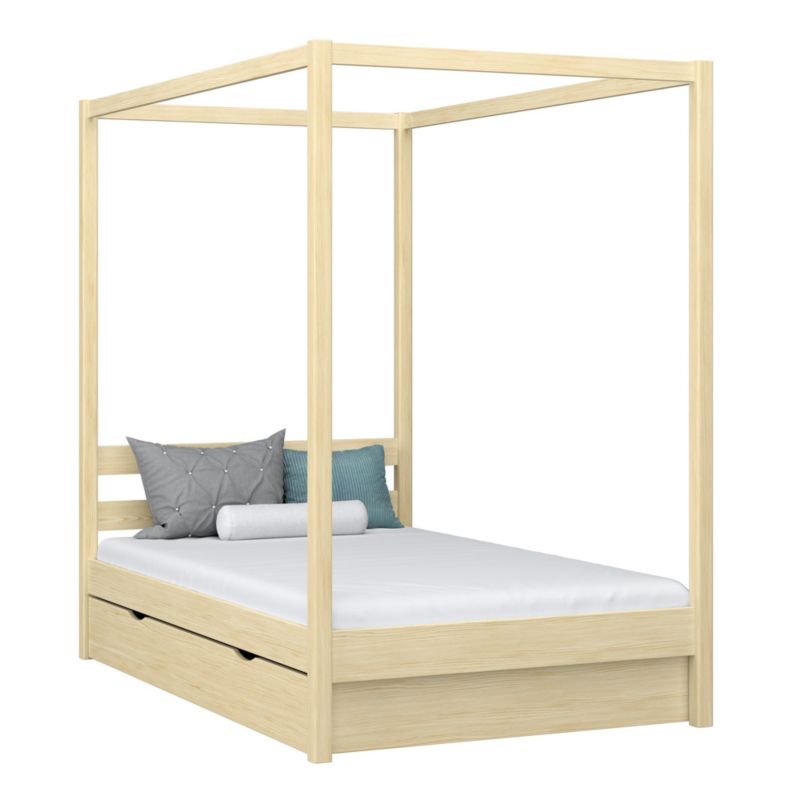 Drewniane łóżko N-WOOD pojedyncze z baldachimem i szufladą N01 sosna bezbarwna 90x190 1szt.