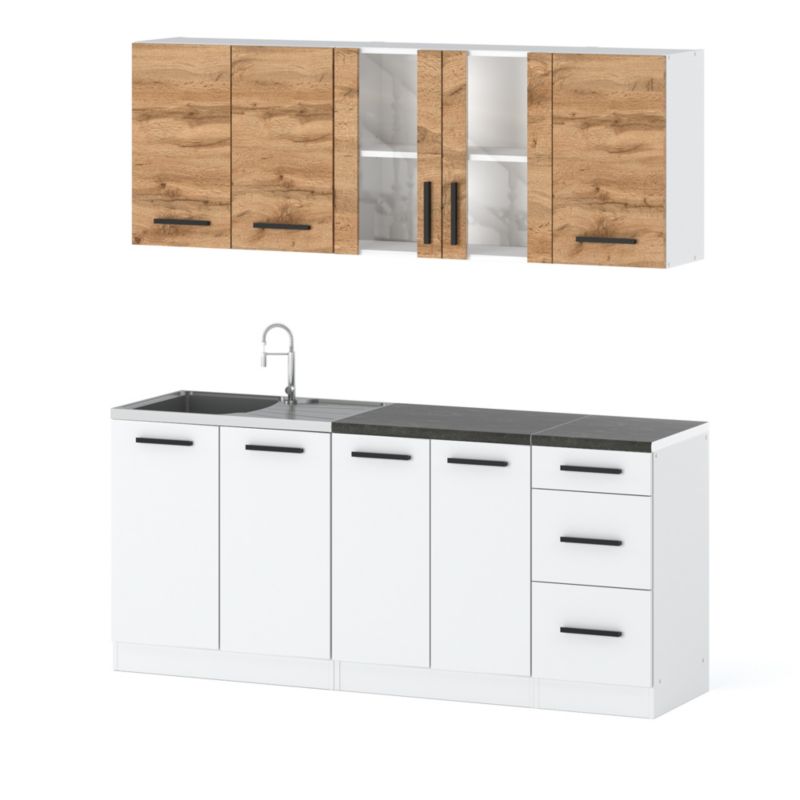 Zestaw Kuchenny Hurtownia-Mebli Z Blatem Kuchnia Rest 200cm Biały Mat Dąb Wotan/Biały Mat 200x47x145 cm 1szt.