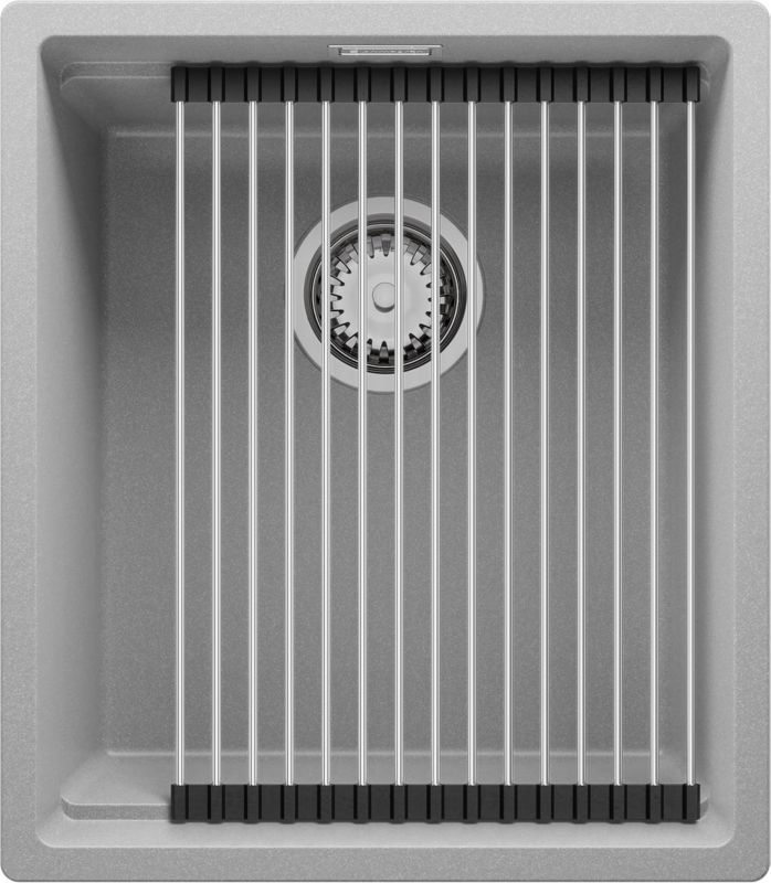 Zlewozmywak Praga Slim PRIMAGRAN Nablatowy 41x47cm do szafki od 45cm, Szary + Syfon + Zwijany ociekacz, S127, 1 szt.