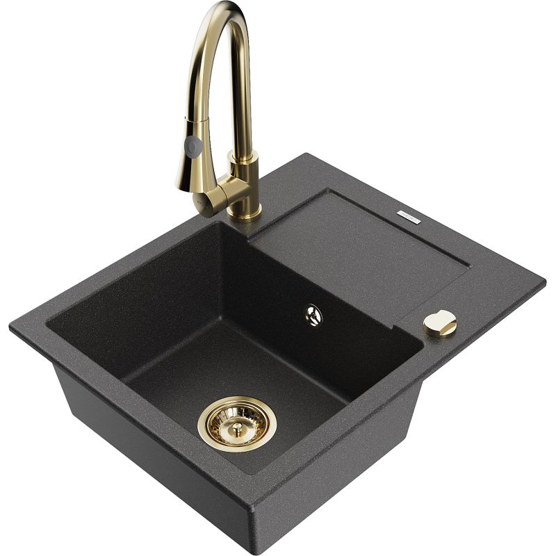 Zlewozmywak granitowy 1-komorowy Mexen Enzo z ociekaczem i baterią kuchenną Elia czarny nakrapiany 6506-76-670101-50