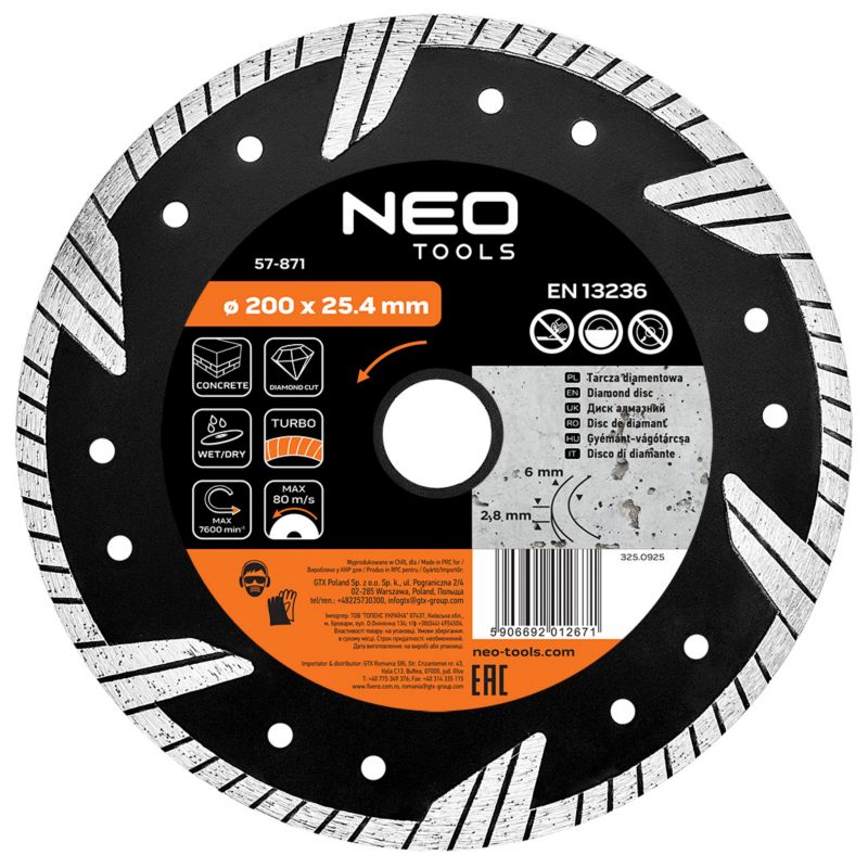 Tarcza diamentowa NEO TOOLS 200 x 25.4 mm, turbo 1 szt