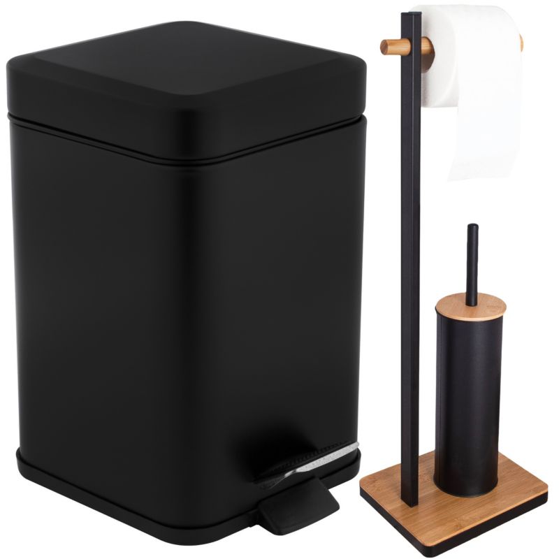 Zestaw Łazienkowy Yoka Home Czarny Mat z Bambusem: Kosz na śmieci 3L i Stojak na Papier Toaletowy ze Szczotką do WC - 1 szt.