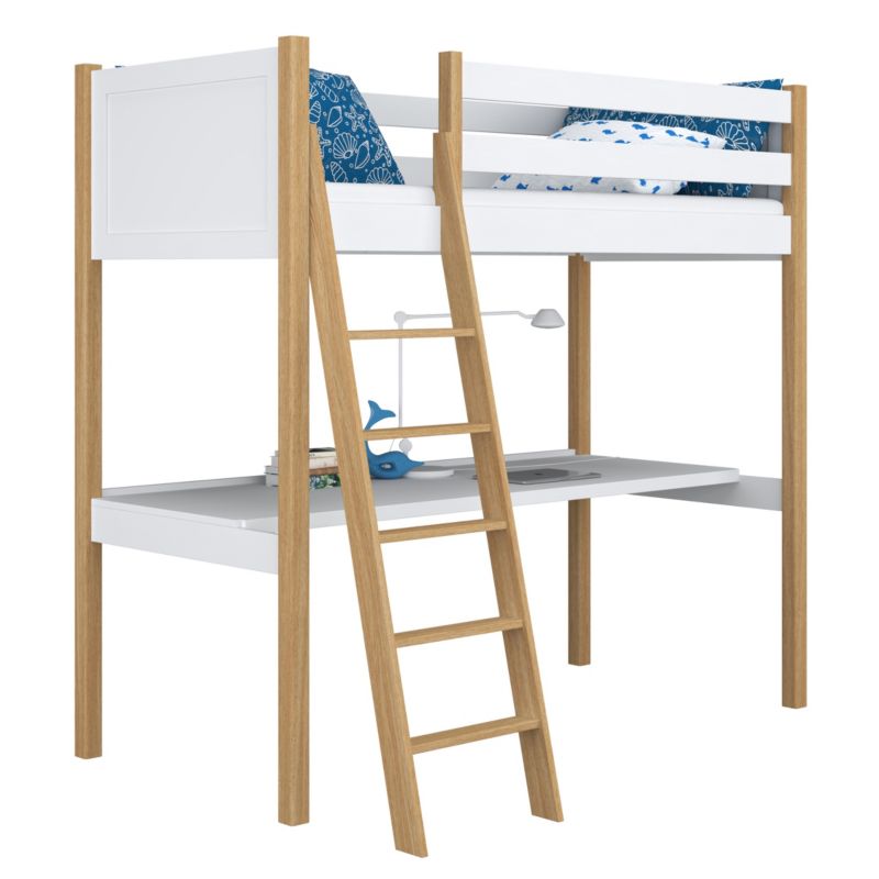 Drewniane łóżko N-WOOD na antresoli z biurkiem N04 biało dębowy 90x200 1szt.