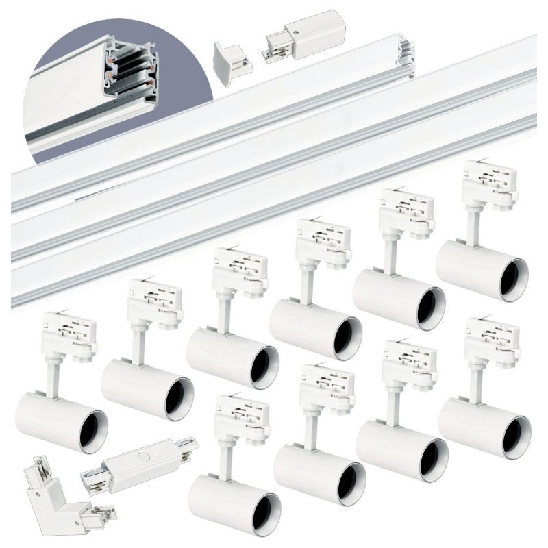 Zestaw szynowy 3-fazowy Kobi 1m+2m+2m, 10x Lampa, łącznik I + L biały 1kpl.