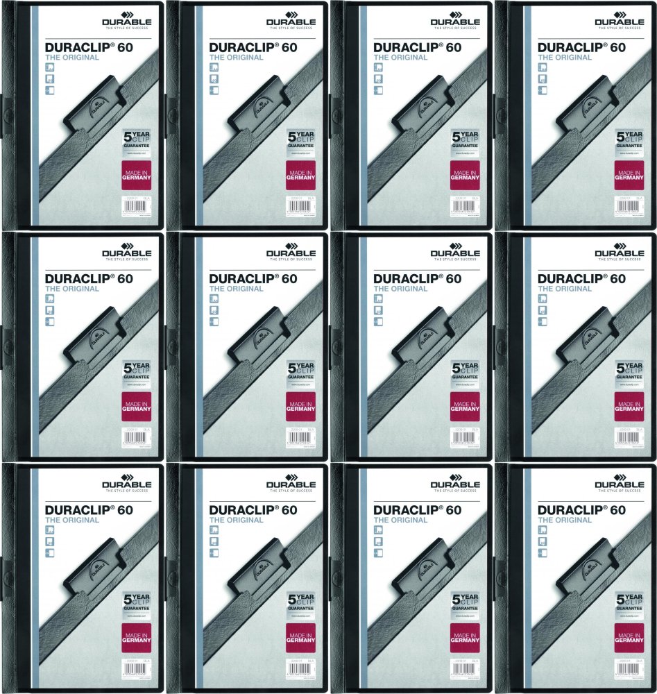 12x Skoroszyt plastikowy z klipsem Durable DuraClip, A4, do 60 kartek, czarny