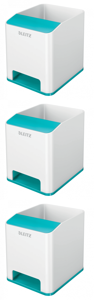 3x Kubek na długopisy Leitz Wow, ze wzmacniaczem dźwięku, 90x100x101mm, dwukolorowy, biało-turkusowy
