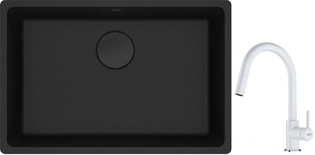 Franke Maris MRG 110-62 zlewozmywak 62x40 cm Fragranite czarny mat z baterią kuchenną Lina biały polarny (1250697758, 1150626081)