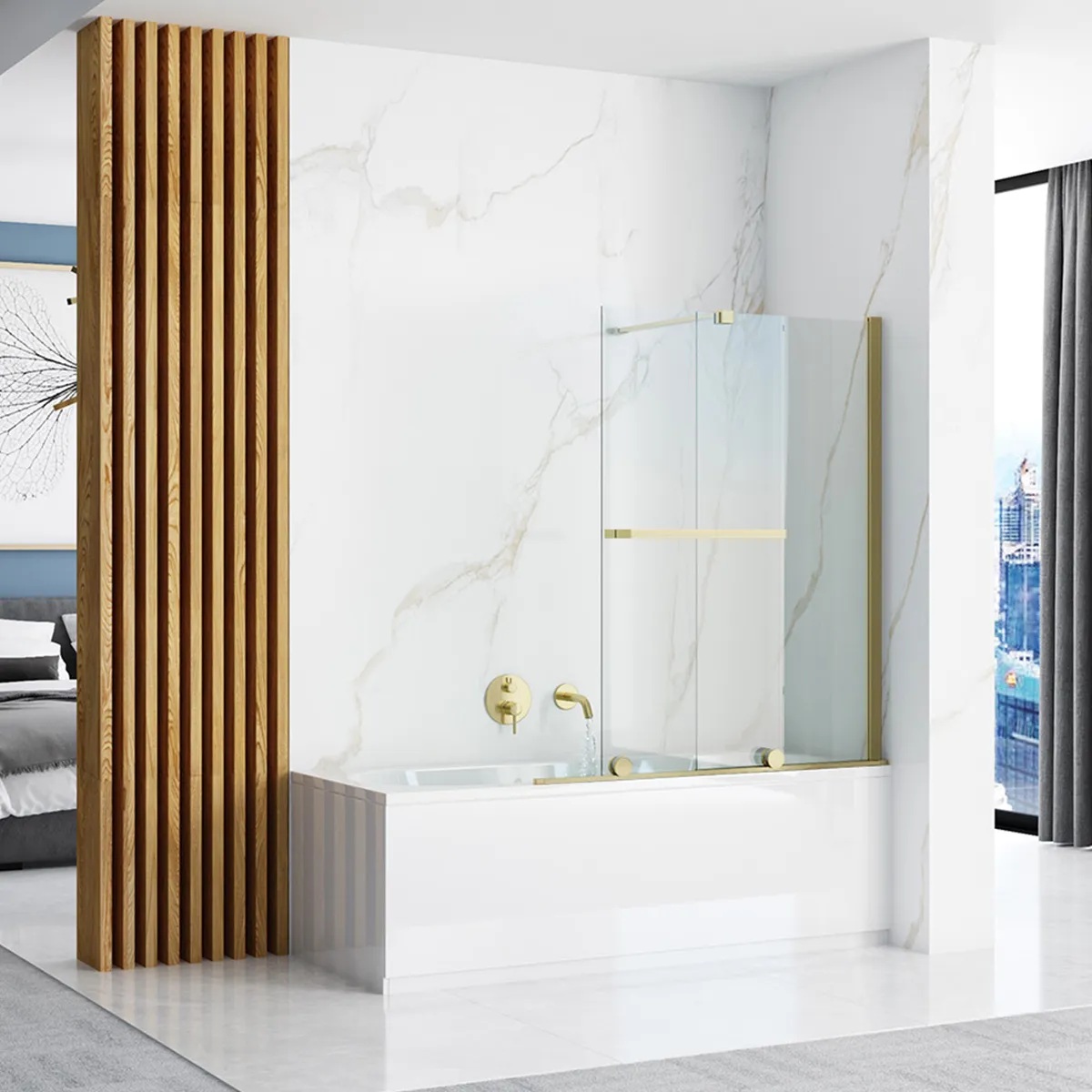 Darmowa Dostawa - Parawan nawannowy 100 cm 2-częściowy złoty szczotkowany/szkło przezroczyste Rea Fabian REAK6527