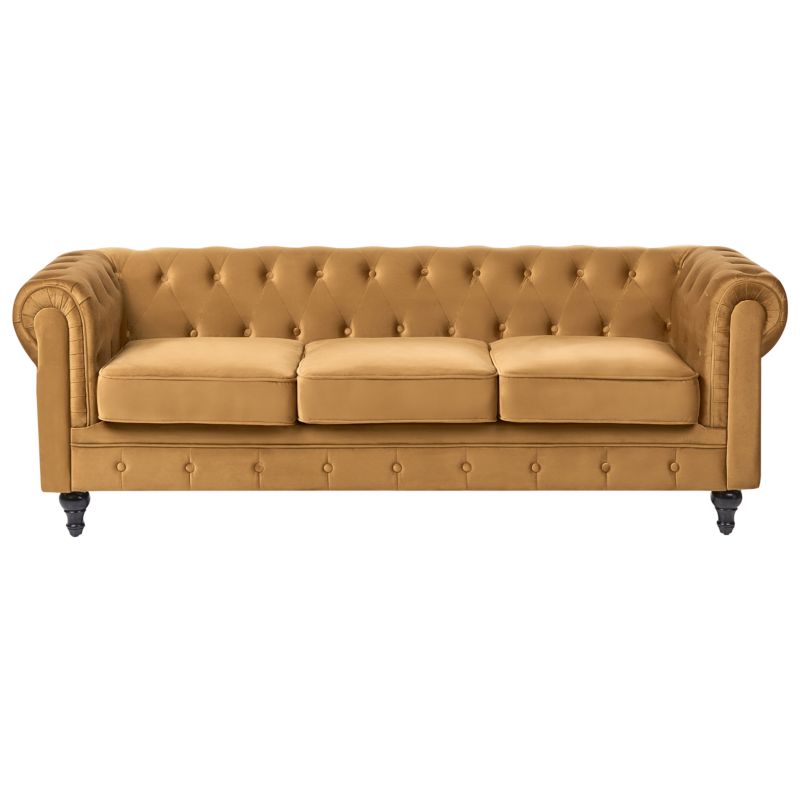 Sofa Chesterfield Welur Musztardowy dla 3 osób 1 szt.