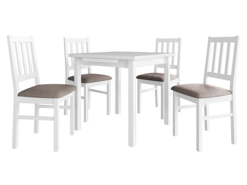 Zestaw DR09 MIRJAN 24 Stół rozkładany Max VII 80x80/110 + 4 krzesła Bos 4 biały + jasnobrązowa tapicerka 1 kpl.