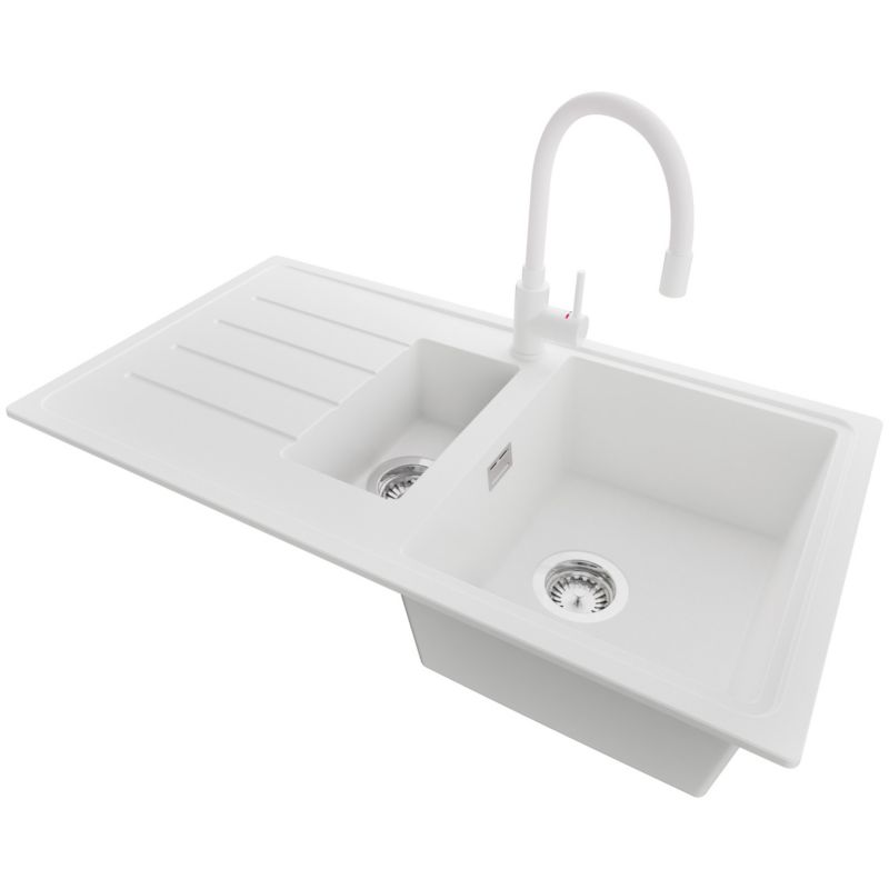 Zlewozmywak Granitowy Kopenhaga Duo PRIMAGRAN Nablatowy 90x50cm do szafki od 60cm, Biały + Bateria 38x14cm + Syfon, S029, 1 szt.