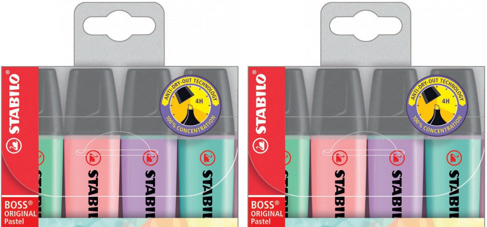 2x zakreślacz Stabilo, Boss Original, ścięta, 4 sztuki, mix kolorów pastelowych