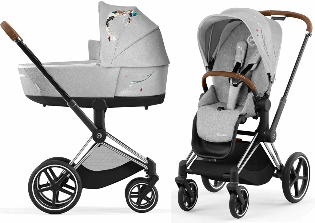 Cybex ePriam Fashion Collection - wózek głęboko-spacerowy z napędem elektrycznym-Koi Crystallized-Chrome z brązową rączką