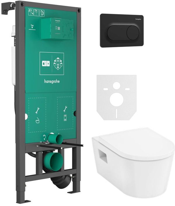 Zestaw Hansgrohe EluPura Original S miska z deską WC biała i stelaż podtynkowy z przyciskiem spłukującym czarny (01022180, 66002670, ...