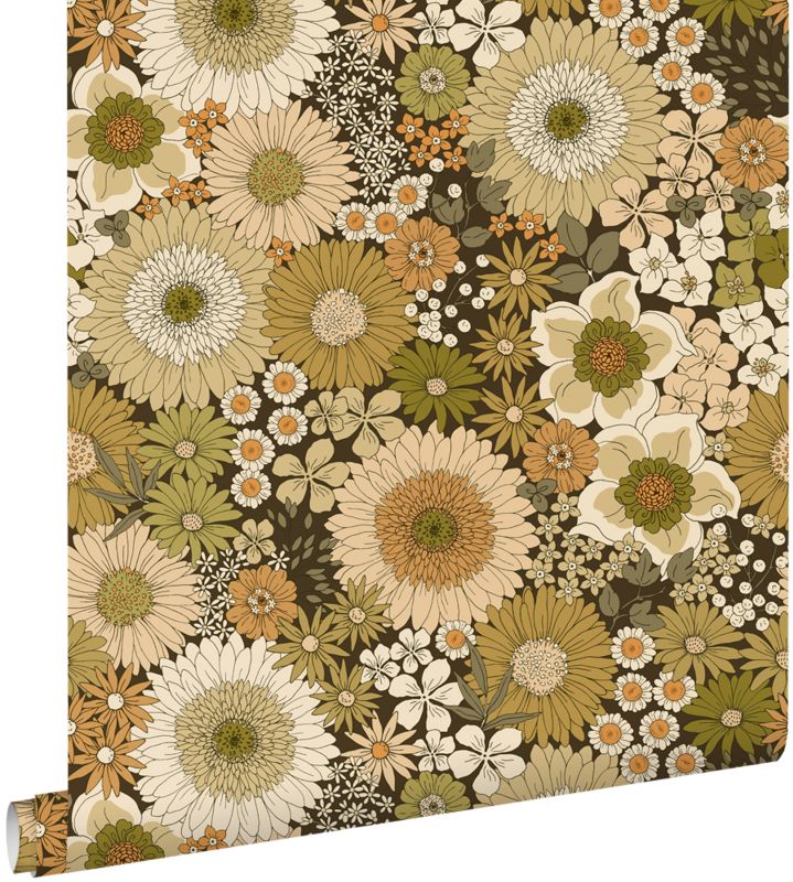 Tapeta ESTAhome retro kwiaty oliwkowymIpomarańczowo brązowym 50 x 900 cm - 1 rol.