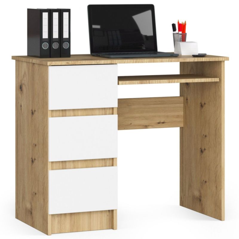Biurko komputerowe Akord A6 Dąb Artisan 90 cm lewe 3 szuflady kolor Biały mat 1 półka 90x50x77 cm 1 szt.