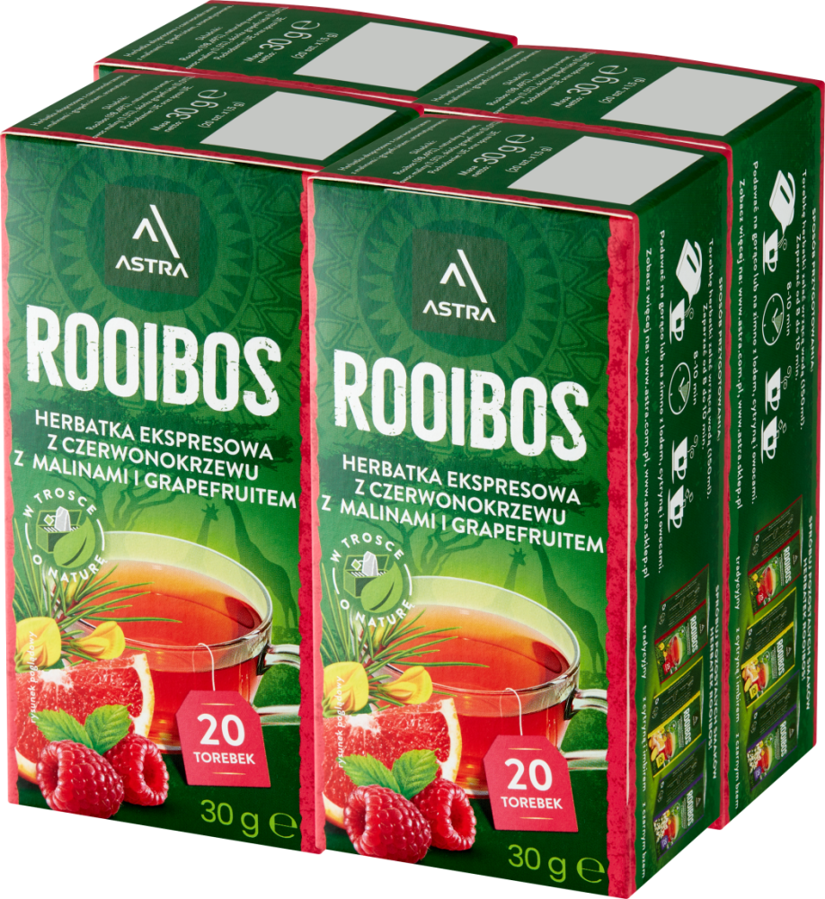 4x Herbata Rooibos w torebkach Astra, malina i grapefruit, 20 sztuk x 1.5g